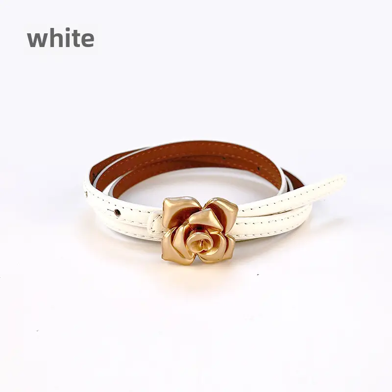 Women's Thin Leather Belt with Gold Flower Decor - Image 3