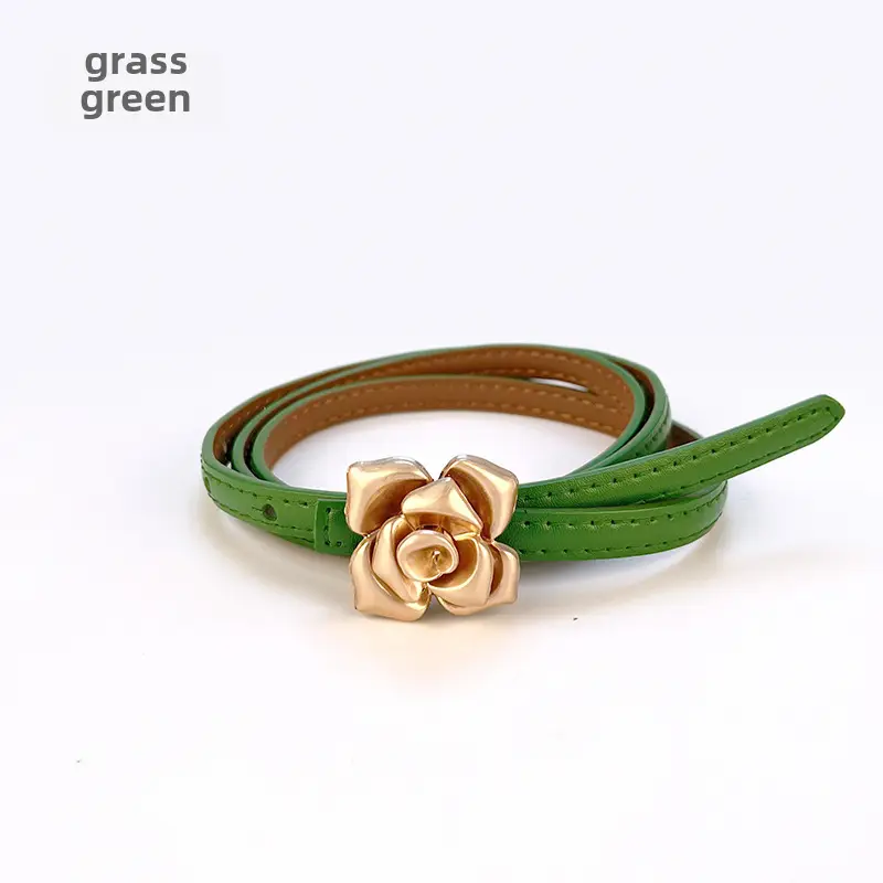 Women's Thin Leather Belt with Gold Flower Decor - Image 5