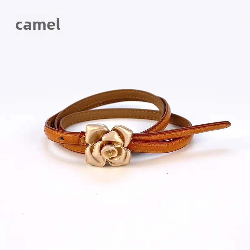 Women's Thin Leather Belt with Gold Flower Decor - Image 6