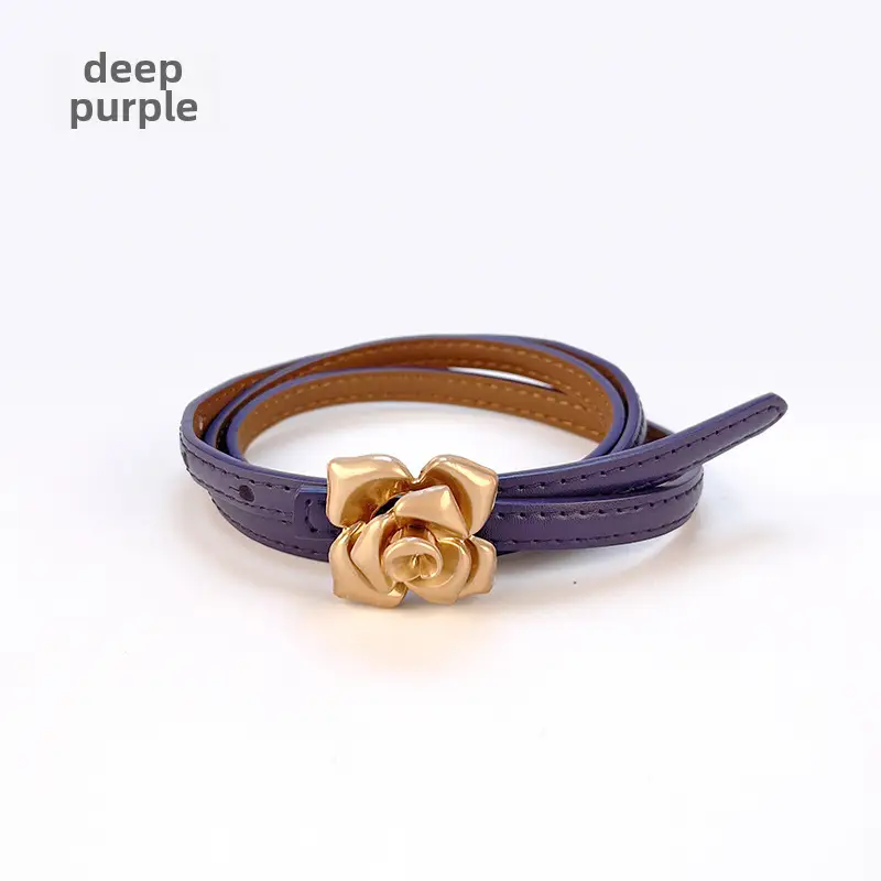 Women's Thin Leather Belt with Gold Flower Decor - Image 7