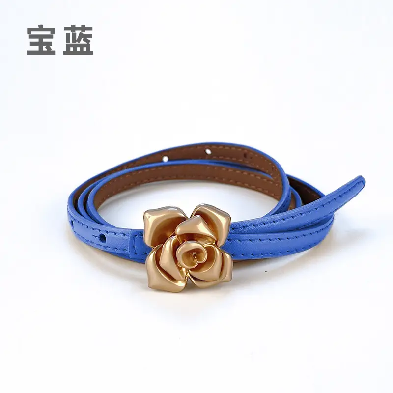Women's Thin Leather Belt with Gold Flower Decor - Image 8