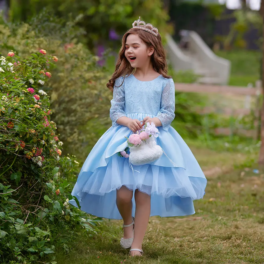 Girls' Blue Tulle Princess Dress with Lace Sleeves - Image 7
