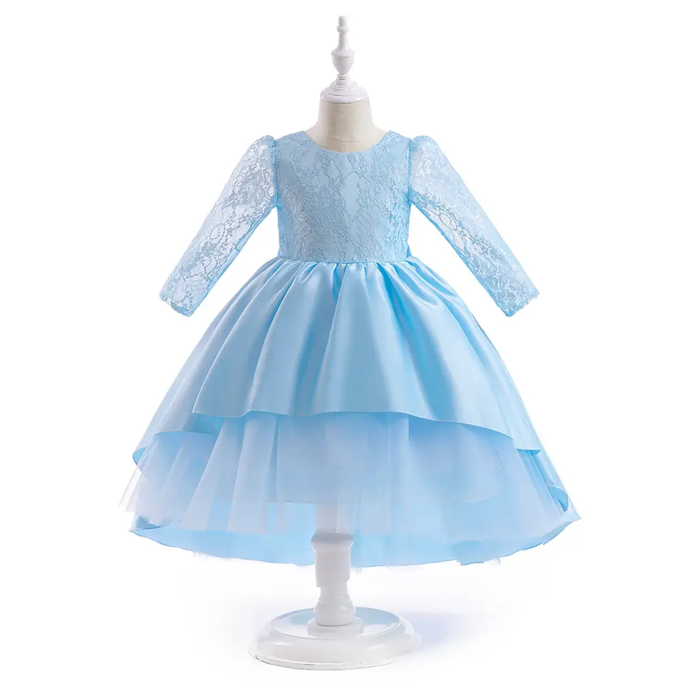 Girls' Blue Tulle Princess Dress with Lace Sleeves - Image 3