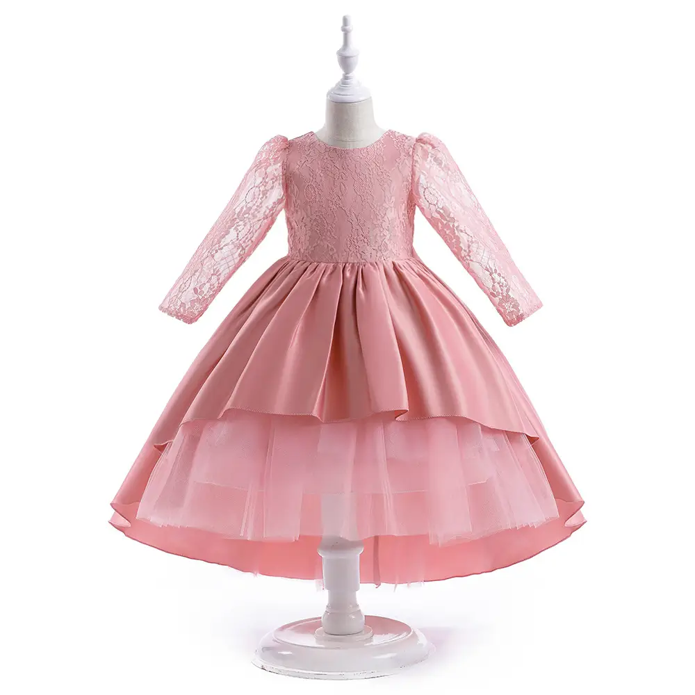 Girls' Blue Tulle Princess Dress with Lace Sleeves - Image 2