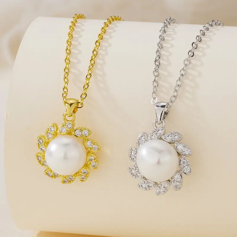 Golden Pearl Willow Flower Pendant Necklace - Image 2