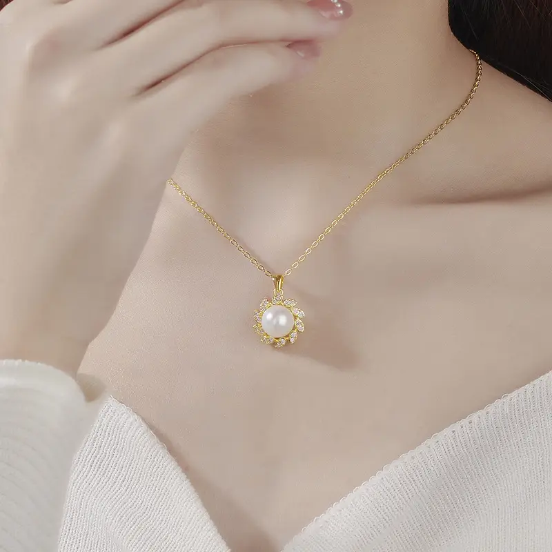 Golden Pearl Willow Flower Pendant Necklace - Image 3