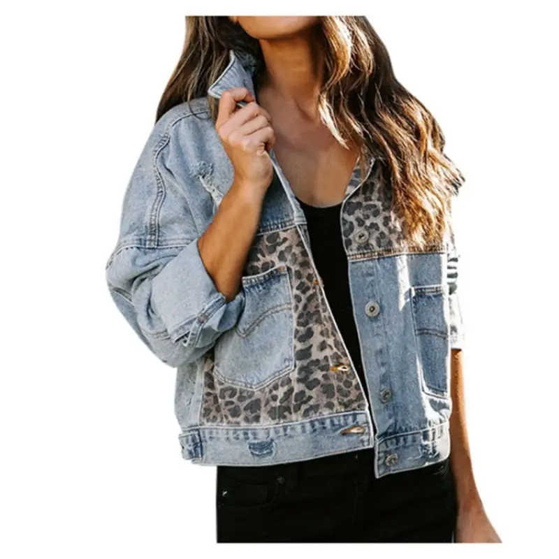 Women's Cross-Border Denim Coat Leopard Stitch Long Sleeve - Image 7