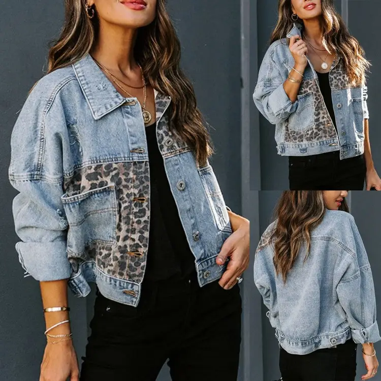 Women's Cross-Border Denim Coat Leopard Stitch Long Sleeve — feature 6