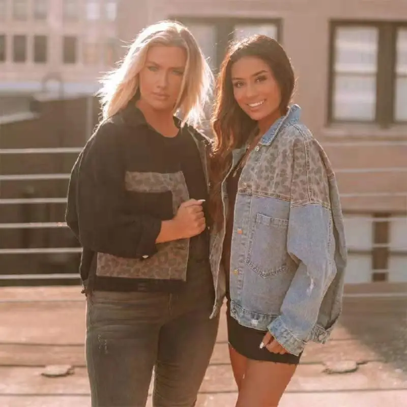 Women's Cross-Border Denim Coat Leopard Stitch Long Sleeve - Image 2
