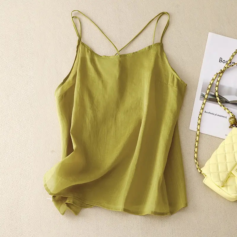 Green Ramie Cross Back Vest for Women - Image 3