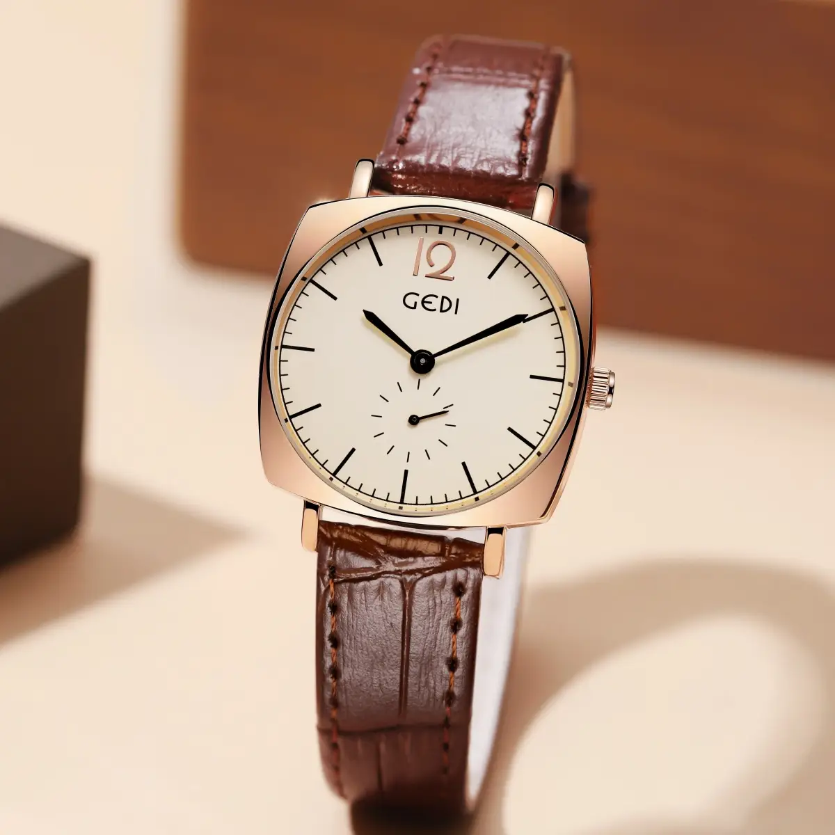 Gold Rose Gold Couple Watch with Black Leather Strap - Image 7