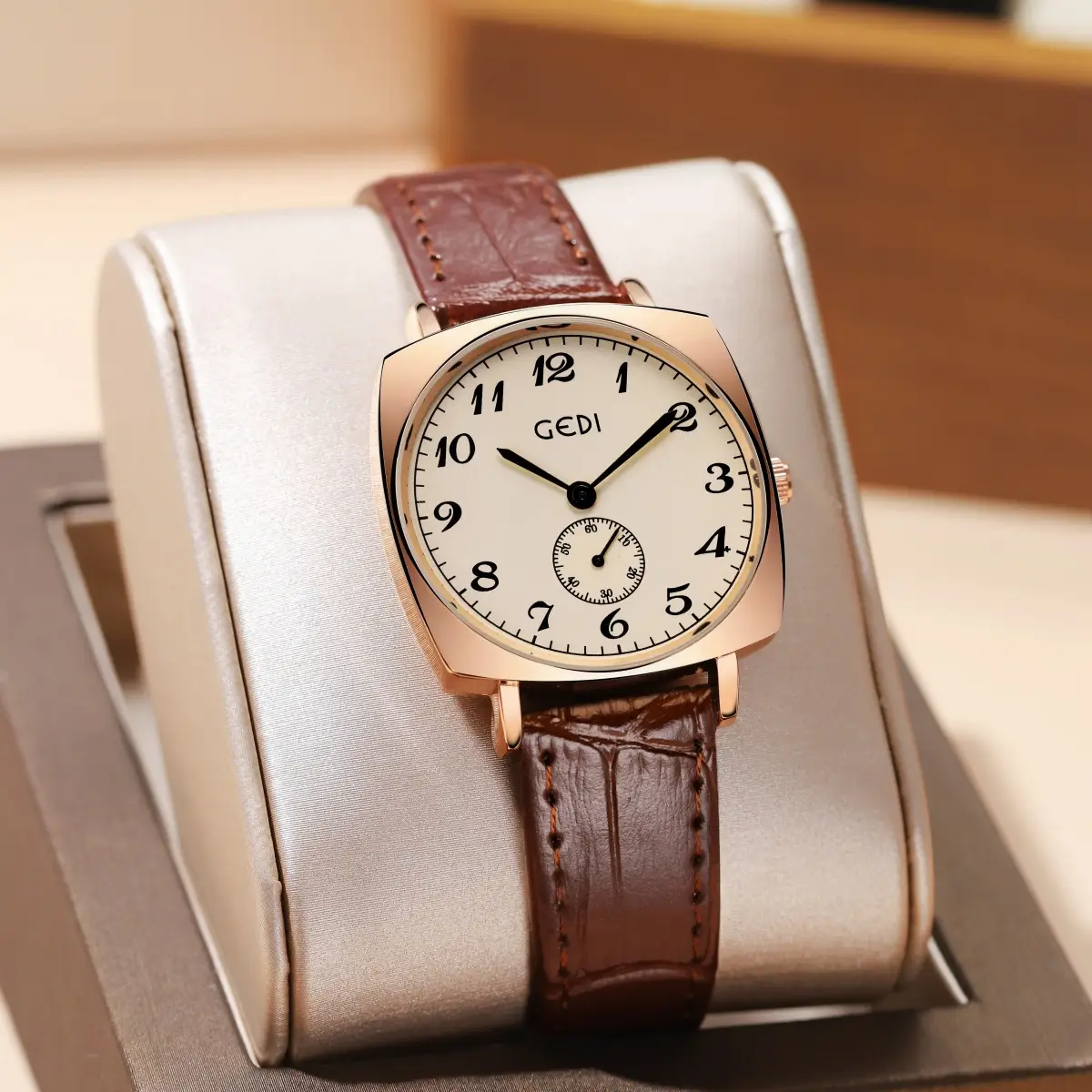 Gold Rose Gold Couple Watch with Black Leather Strap - Image 5
