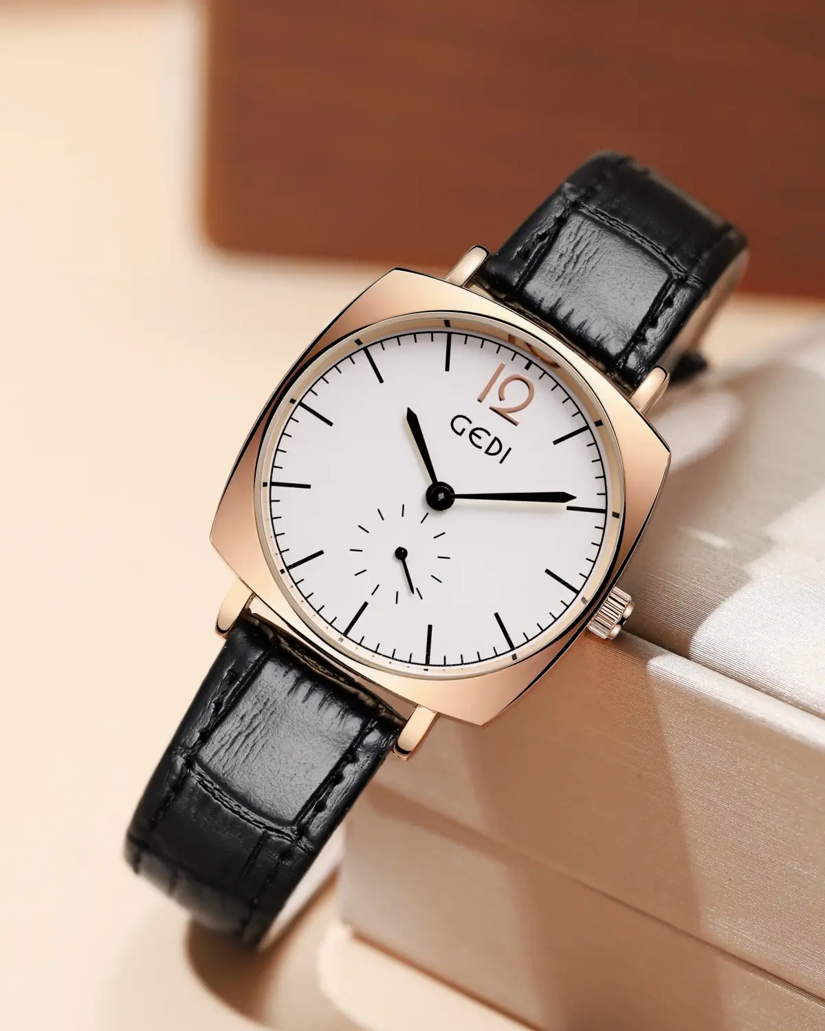 Gold Rose Gold Couple Watch with Black Leather Strap - Image 8