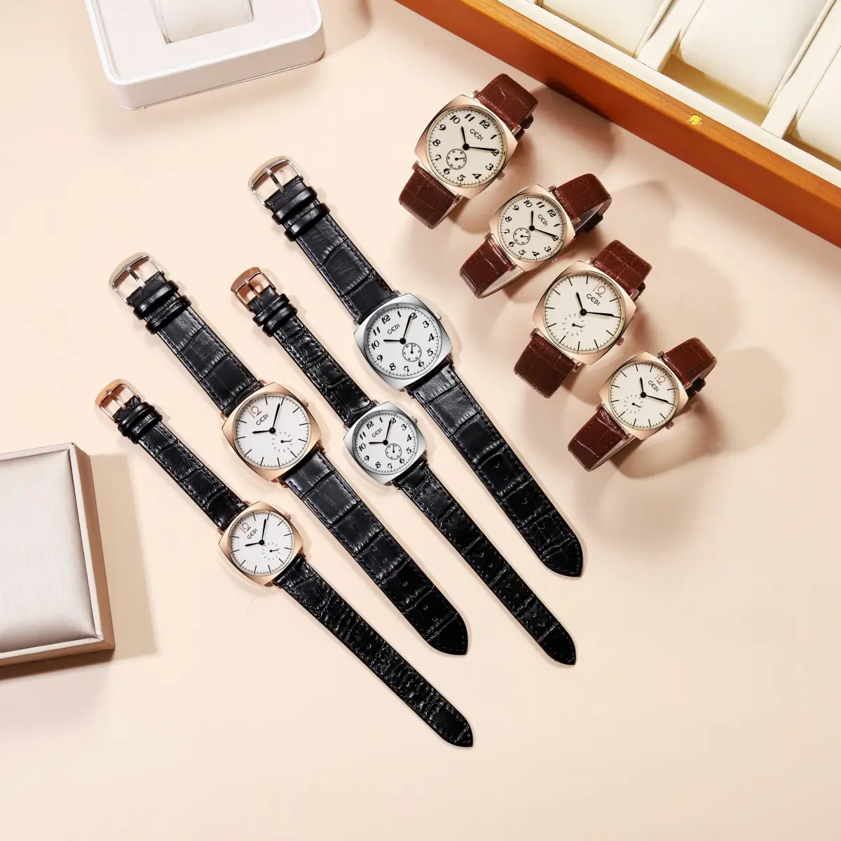 Gold Rose Gold Couple Watch with Black Leather Strap — feature 11