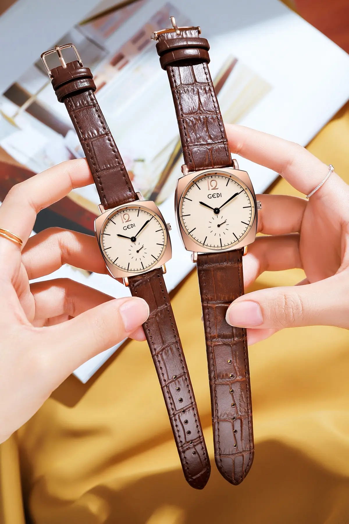 Gold Rose Gold Couple Watch with Black Leather Strap — feature 12