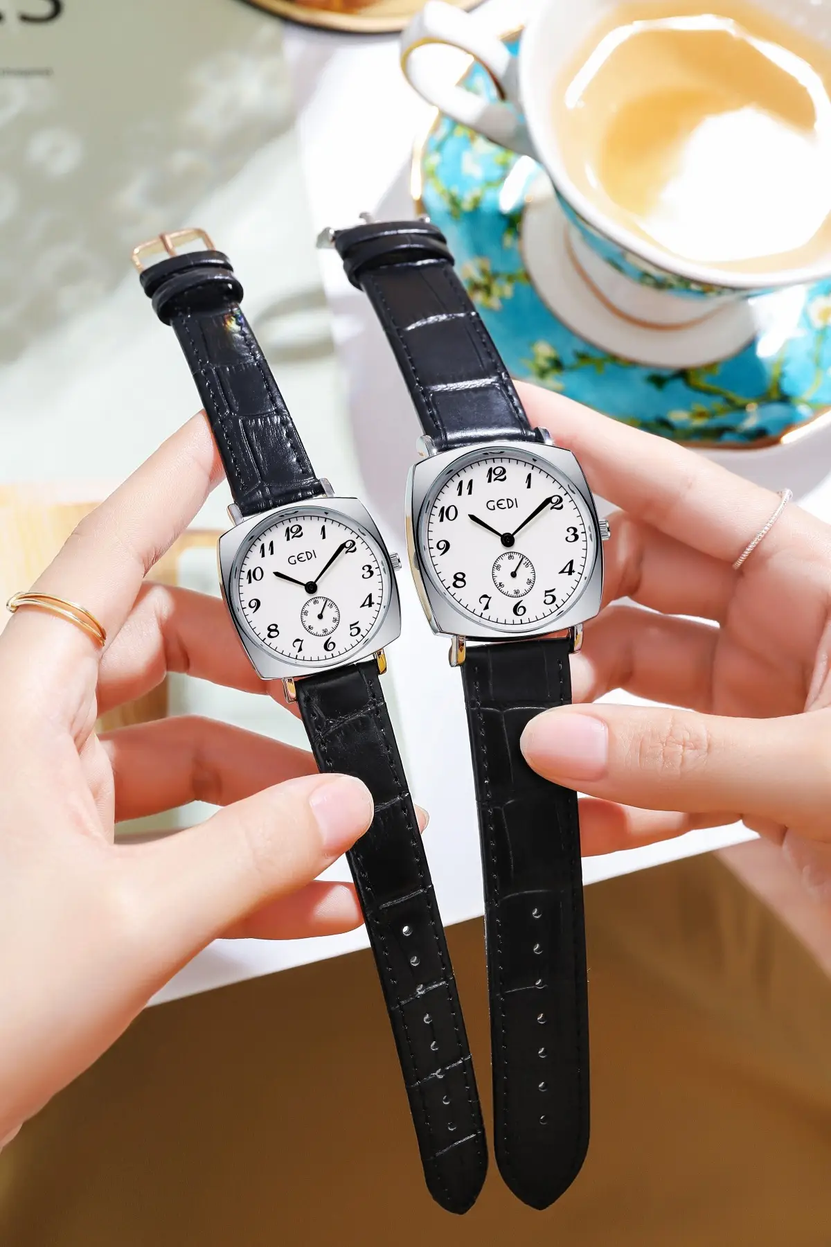 Gold Rose Gold Couple Watch with Black Leather Strap — feature 13