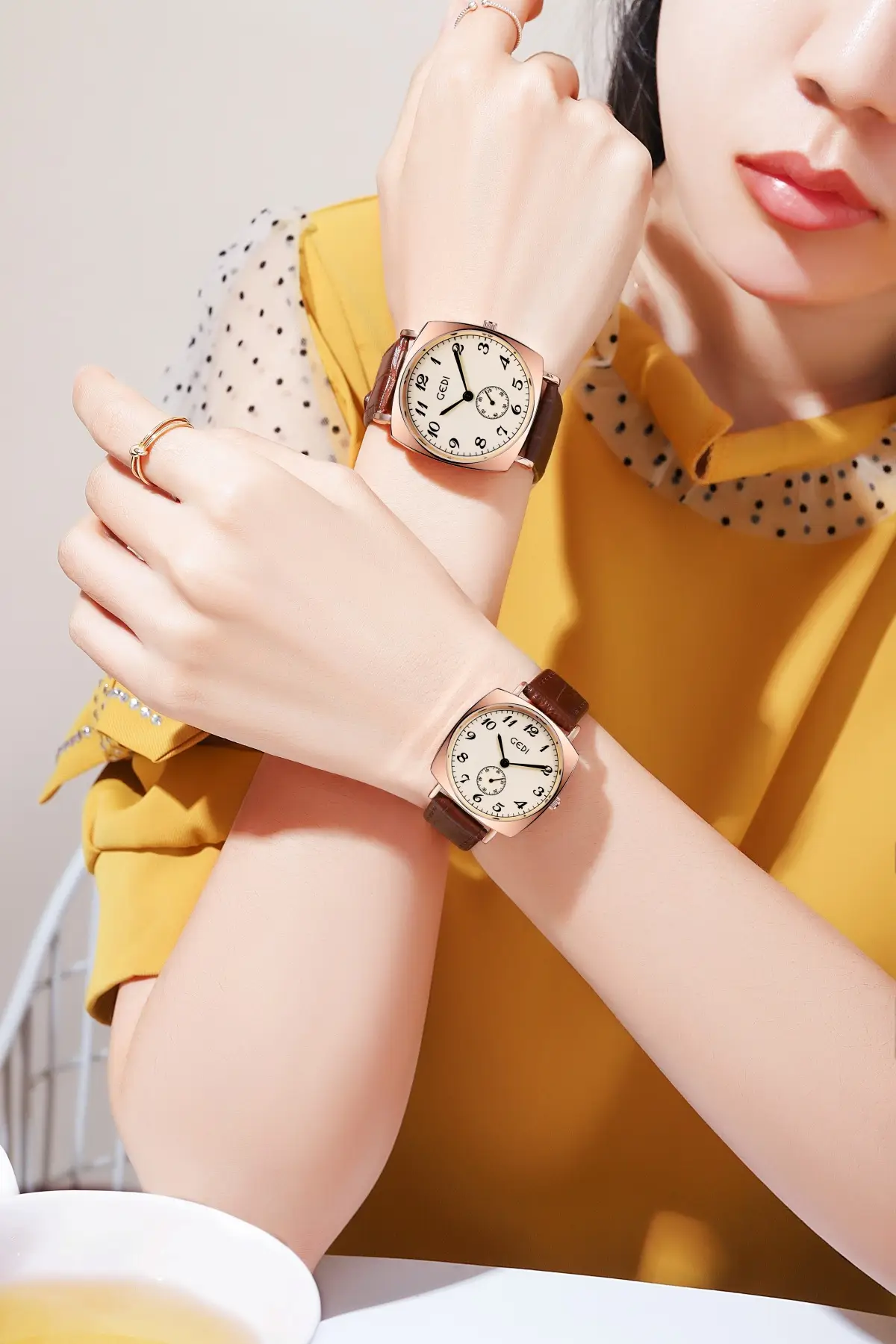 Gold Rose Gold Couple Watch with Black Leather Strap — feature 14
