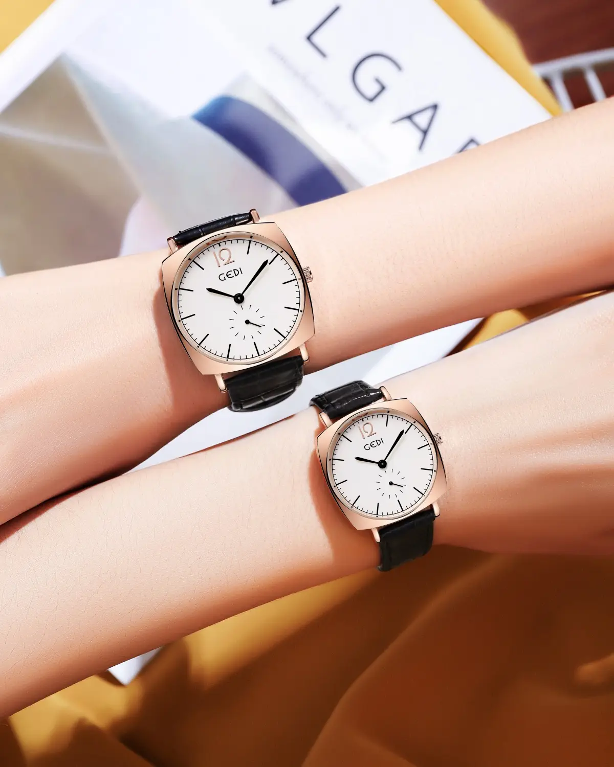 Gold Rose Gold Couple Watch with Black Leather Strap — feature 15