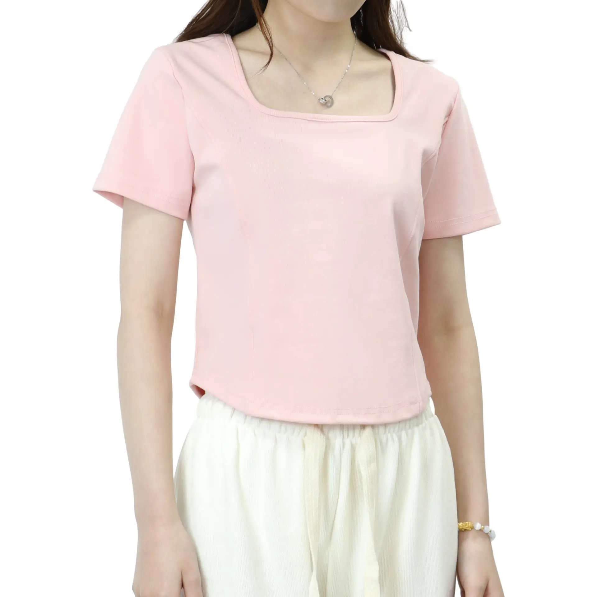 Women Pink Square Collar Slim Fit T-Shirt