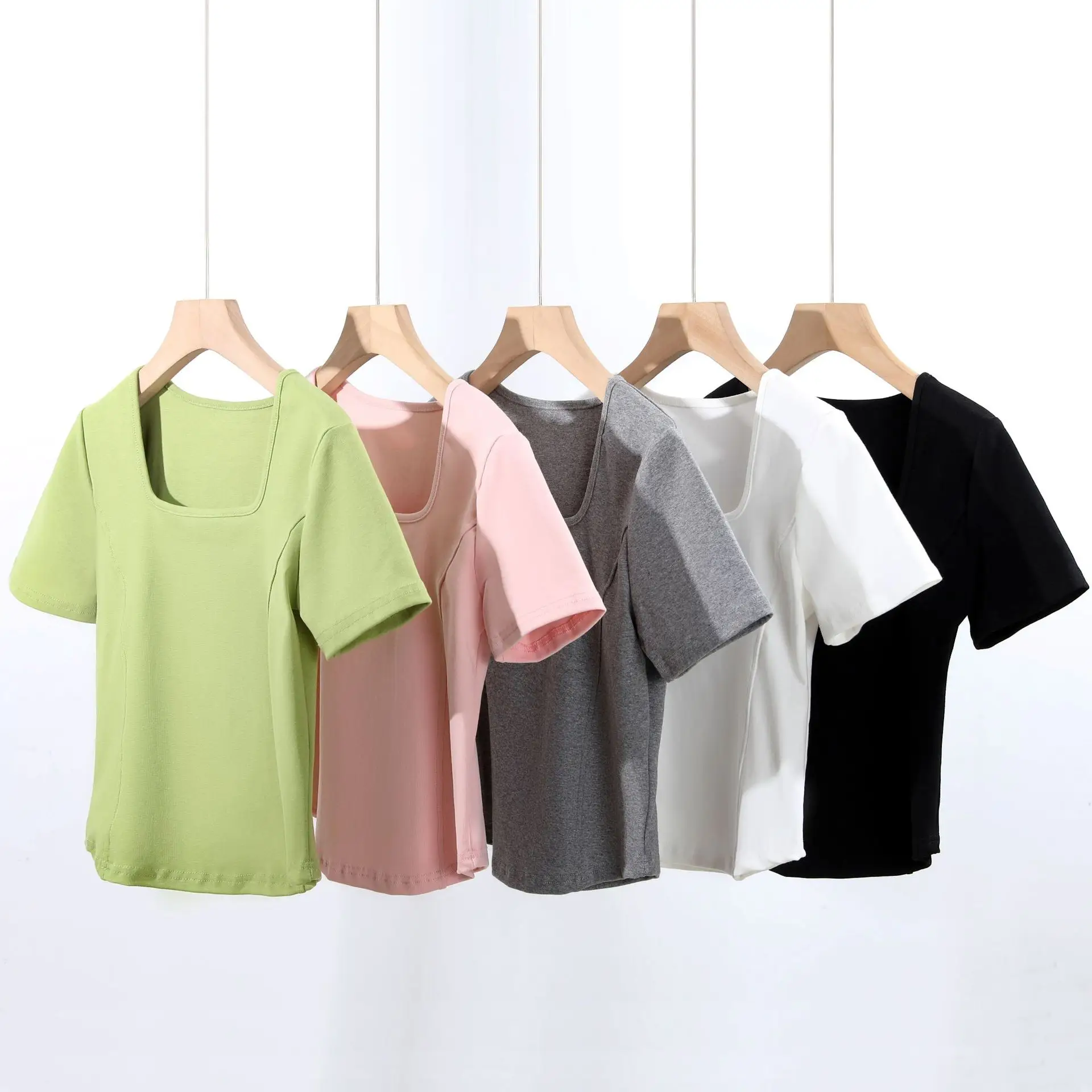 Women Pink Square Collar Slim Fit T-Shirt