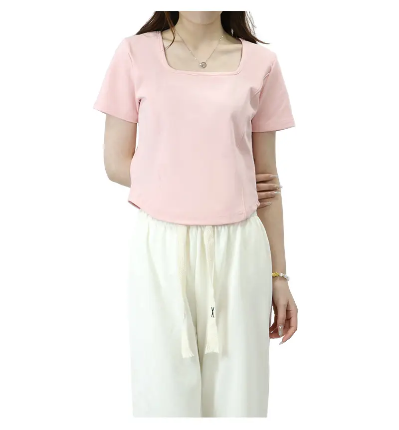 Women Pink Square Collar Slim Fit T-Shirt — feature 16