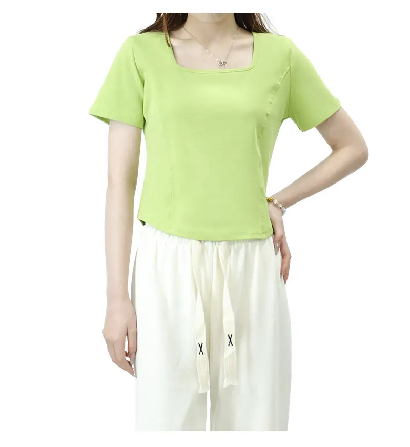 Women Pink Square Collar Slim Fit T-Shirt — feature 17