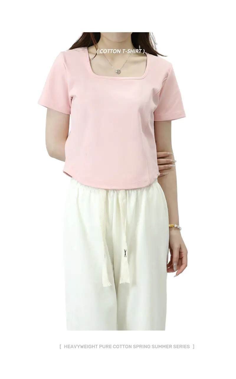 Women Pink Square Collar Slim Fit T-Shirt — feature 4