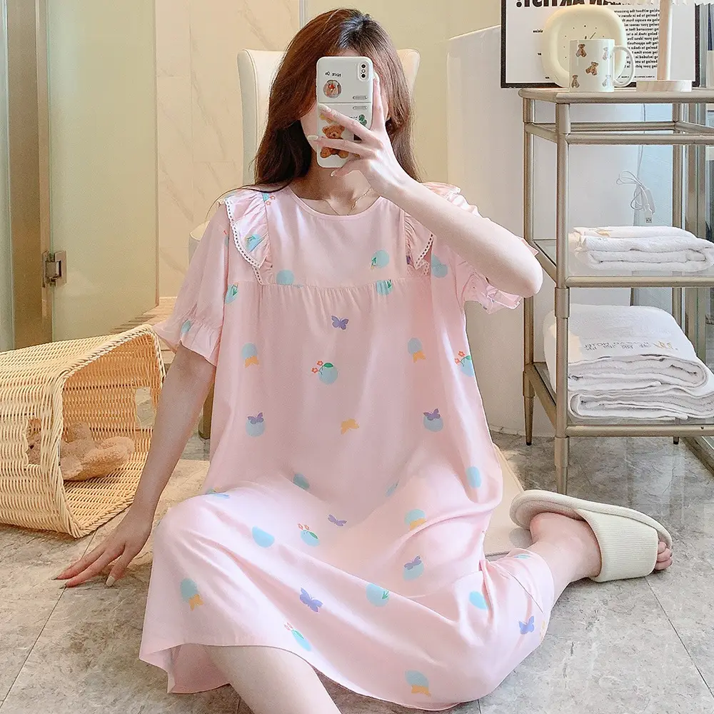 Women Cotton Silk Nightdress Light Blue Sweet Fresh Loose Pajamas
