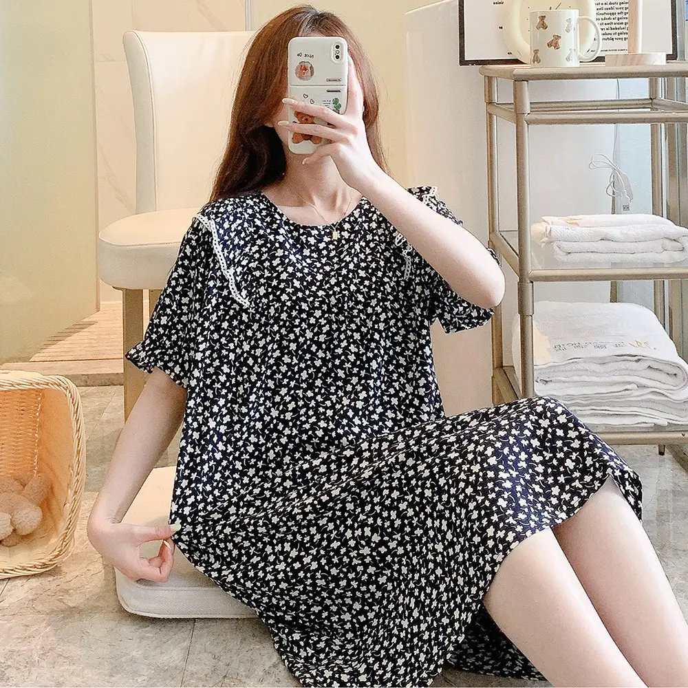 Women Cotton Silk Nightdress Light Blue Sweet Fresh Loose Pajamas