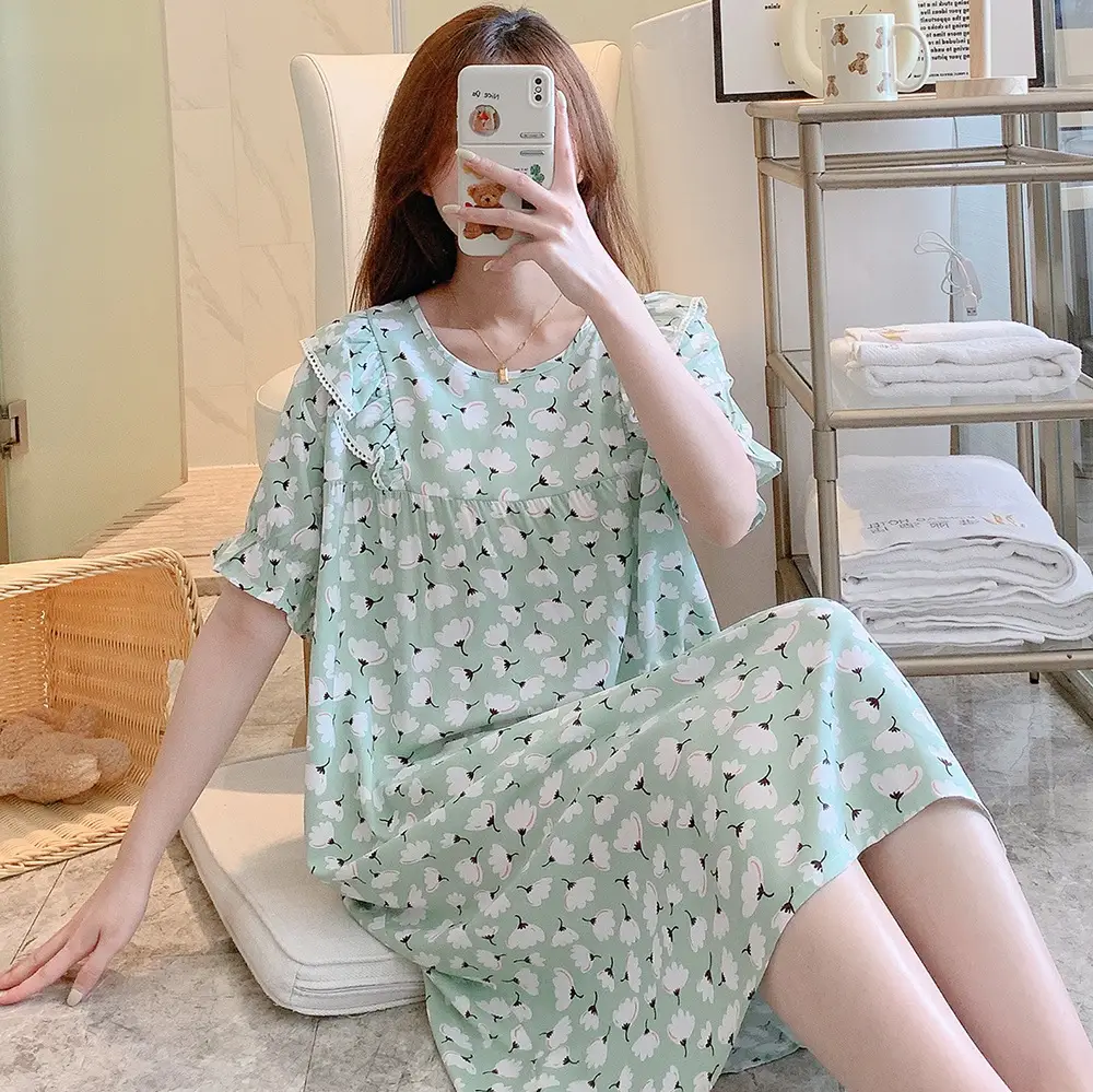 Women Cotton Silk Nightdress Light Blue Sweet Fresh Loose Pajamas