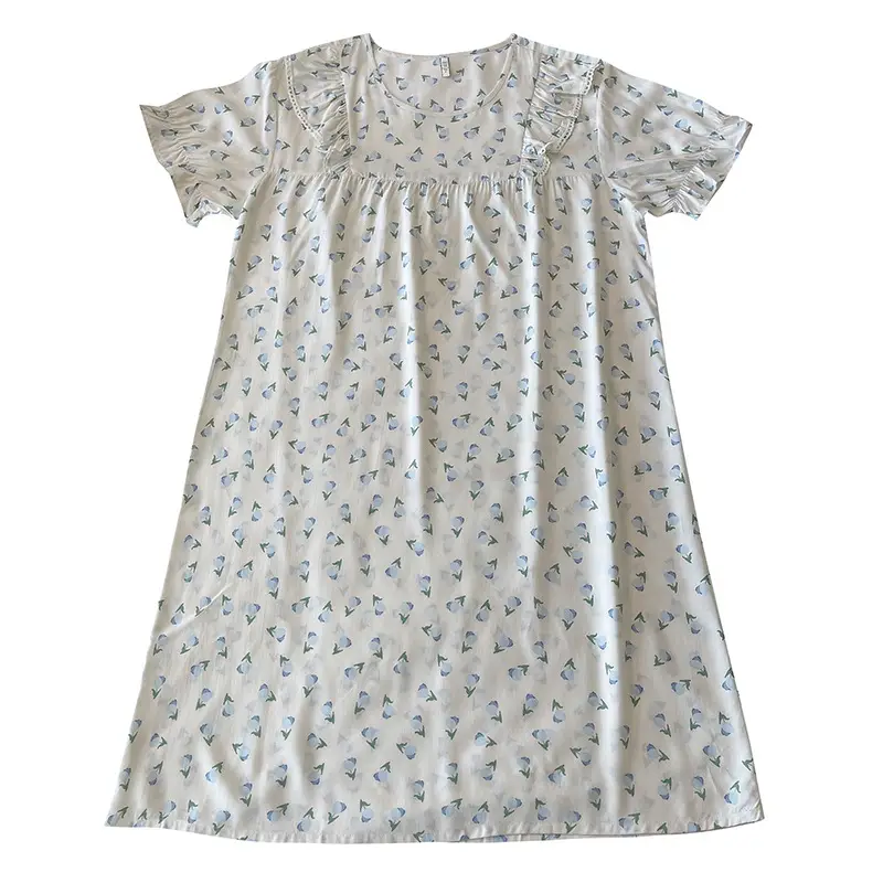 Women Cotton Silk Nightdress Light Blue Sweet Fresh Loose Pajamas
