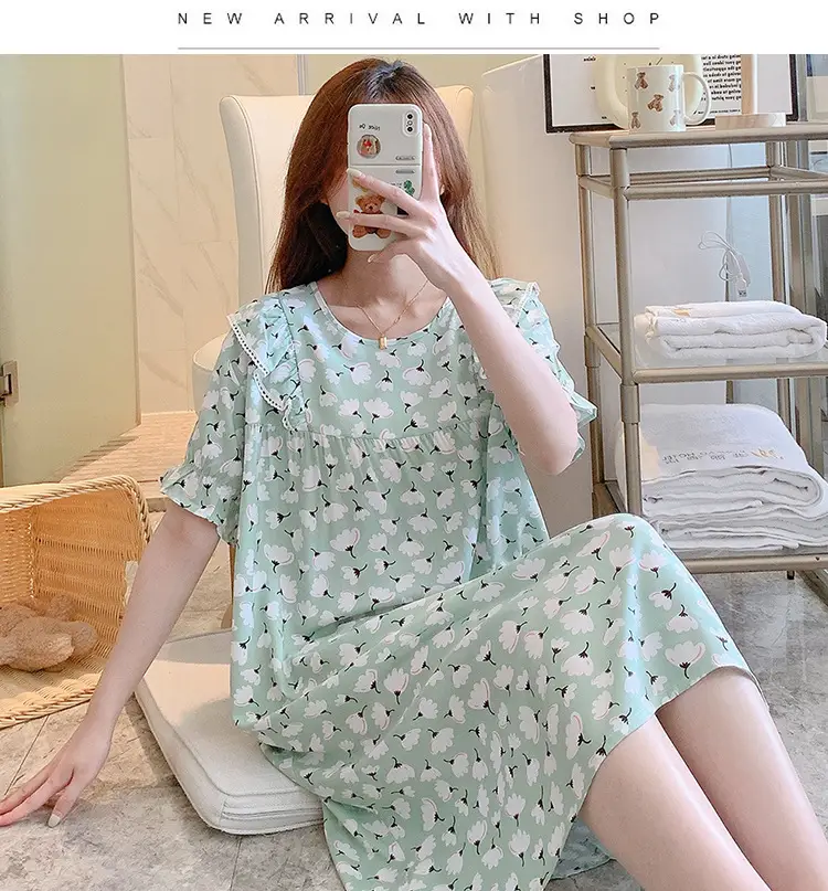 Women Cotton Silk Nightdress Light Blue Sweet Fresh Loose Pajamas — feature 10