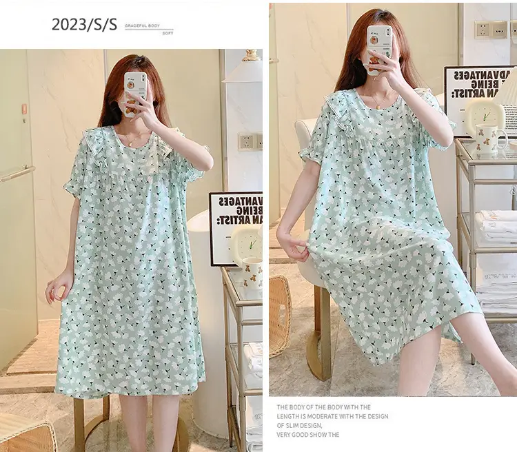 Women Cotton Silk Nightdress Light Blue Sweet Fresh Loose Pajamas — feature 11