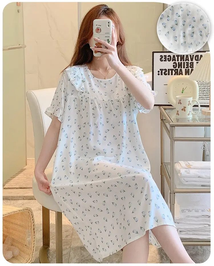 Women Cotton Silk Nightdress Light Blue Sweet Fresh Loose Pajamas — feature 12