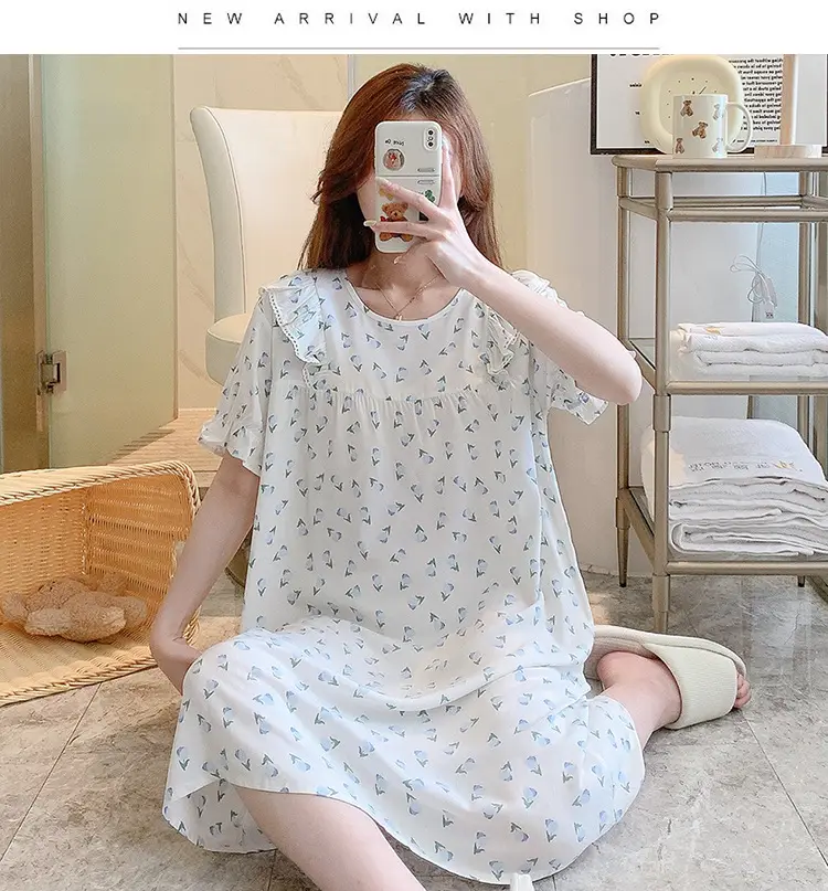 Women Cotton Silk Nightdress Light Blue Sweet Fresh Loose Pajamas — feature 13