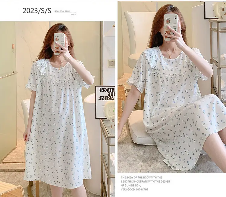 Women Cotton Silk Nightdress Light Blue Sweet Fresh Loose Pajamas — feature 14