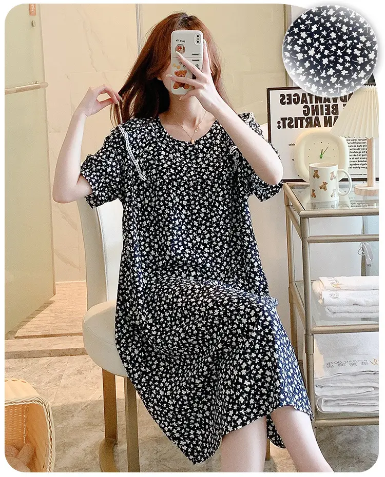 Women Cotton Silk Nightdress Light Blue Sweet Fresh Loose Pajamas — feature 15