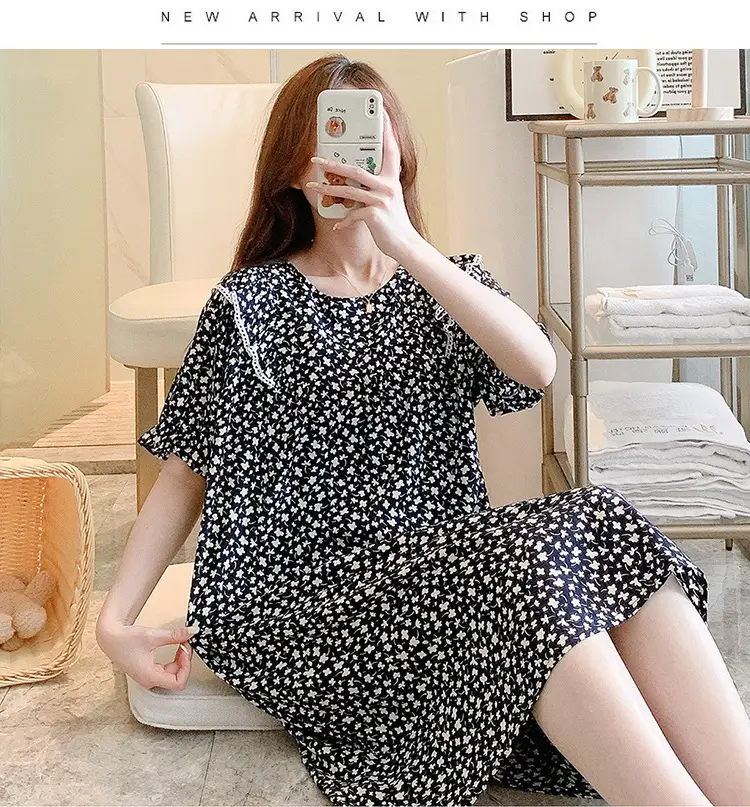 Women Cotton Silk Nightdress Light Blue Sweet Fresh Loose Pajamas — feature 16