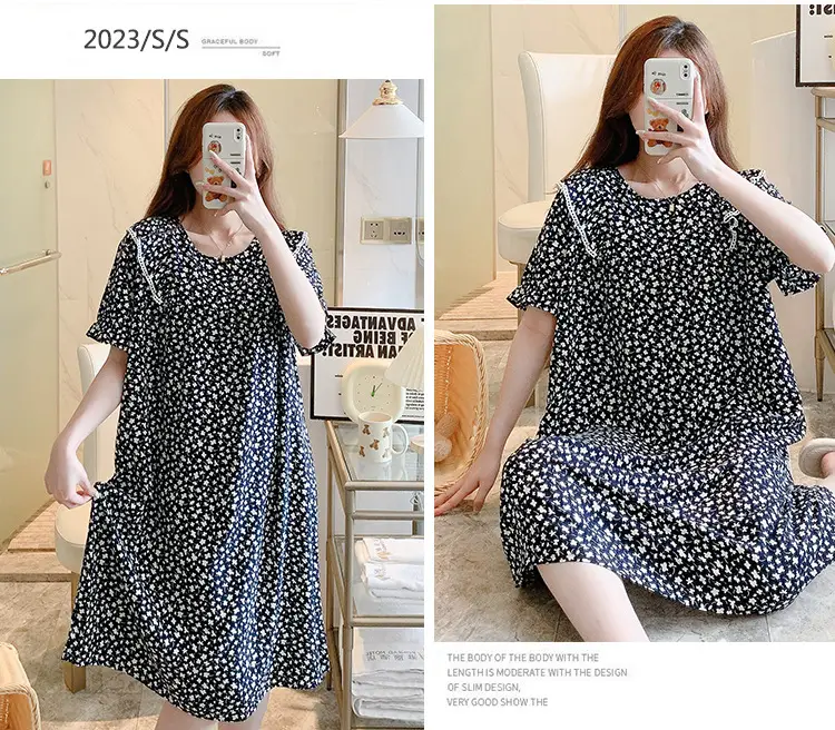 Women Cotton Silk Nightdress Light Blue Sweet Fresh Loose Pajamas — feature 17