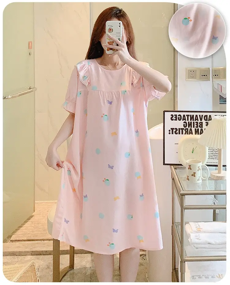 Women Cotton Silk Nightdress Light Blue Sweet Fresh Loose Pajamas — feature 18