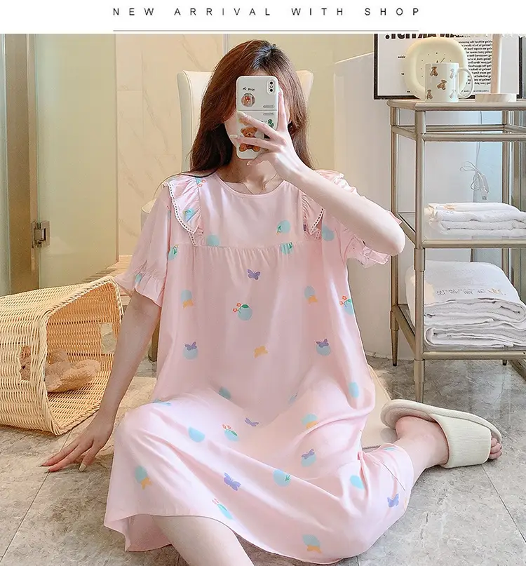Women Cotton Silk Nightdress Light Blue Sweet Fresh Loose Pajamas — feature 19
