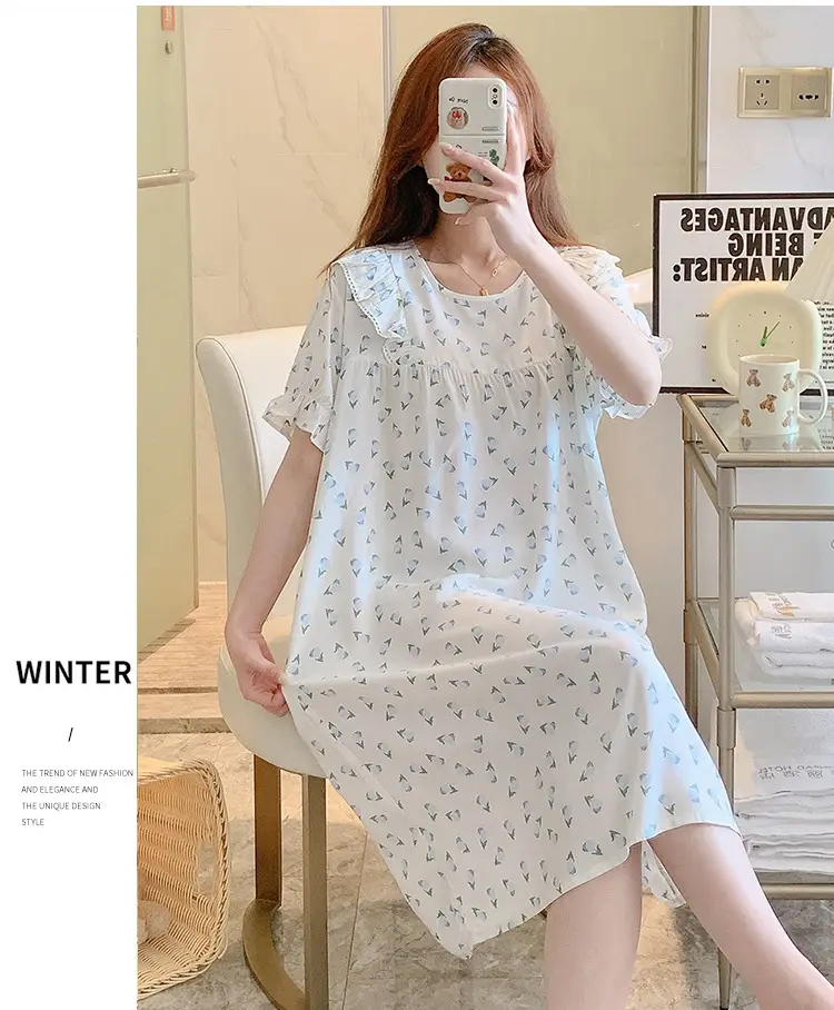 Women Cotton Silk Nightdress Light Blue Sweet Fresh Loose Pajamas — feature 2