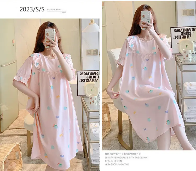 Women Cotton Silk Nightdress Light Blue Sweet Fresh Loose Pajamas — feature 20