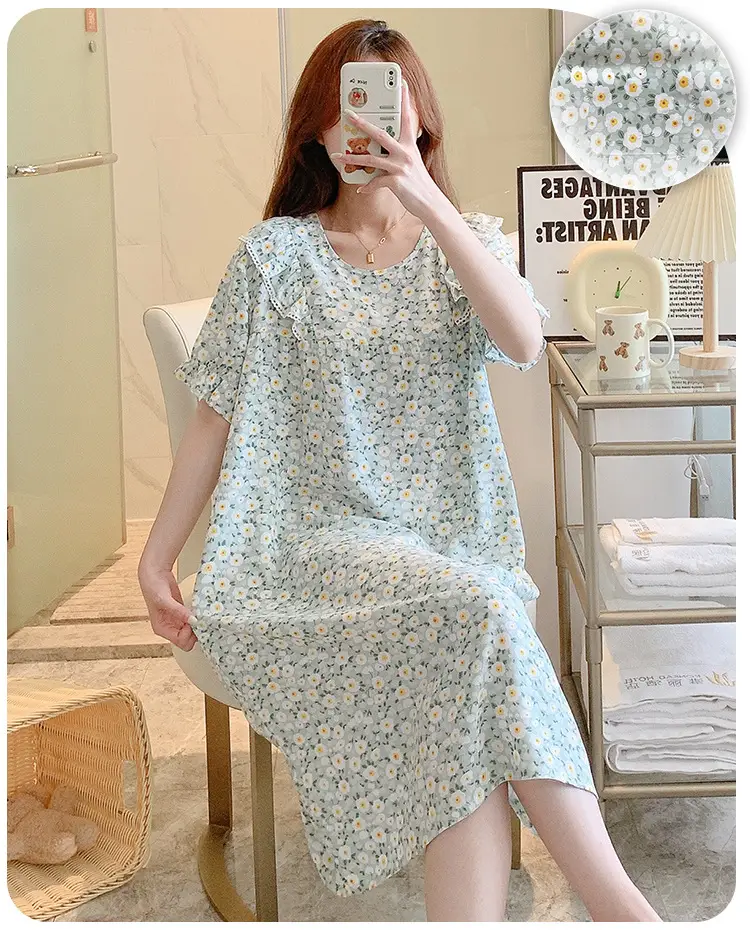 Women Cotton Silk Nightdress Light Blue Sweet Fresh Loose Pajamas — feature 21