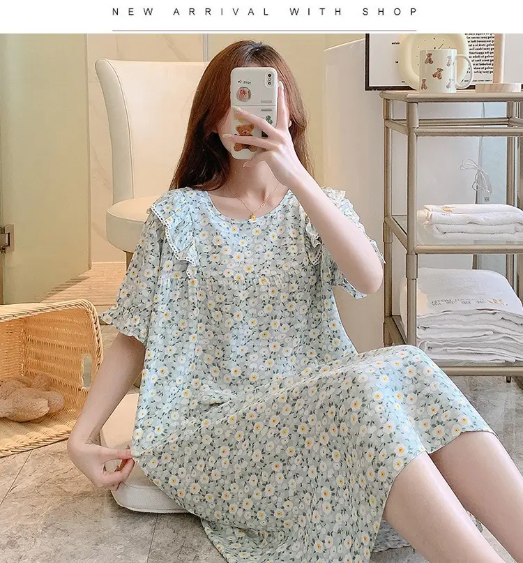 Women Cotton Silk Nightdress Light Blue Sweet Fresh Loose Pajamas — feature 22