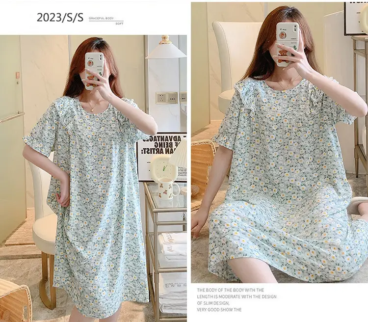 Women Cotton Silk Nightdress Light Blue Sweet Fresh Loose Pajamas — feature 23