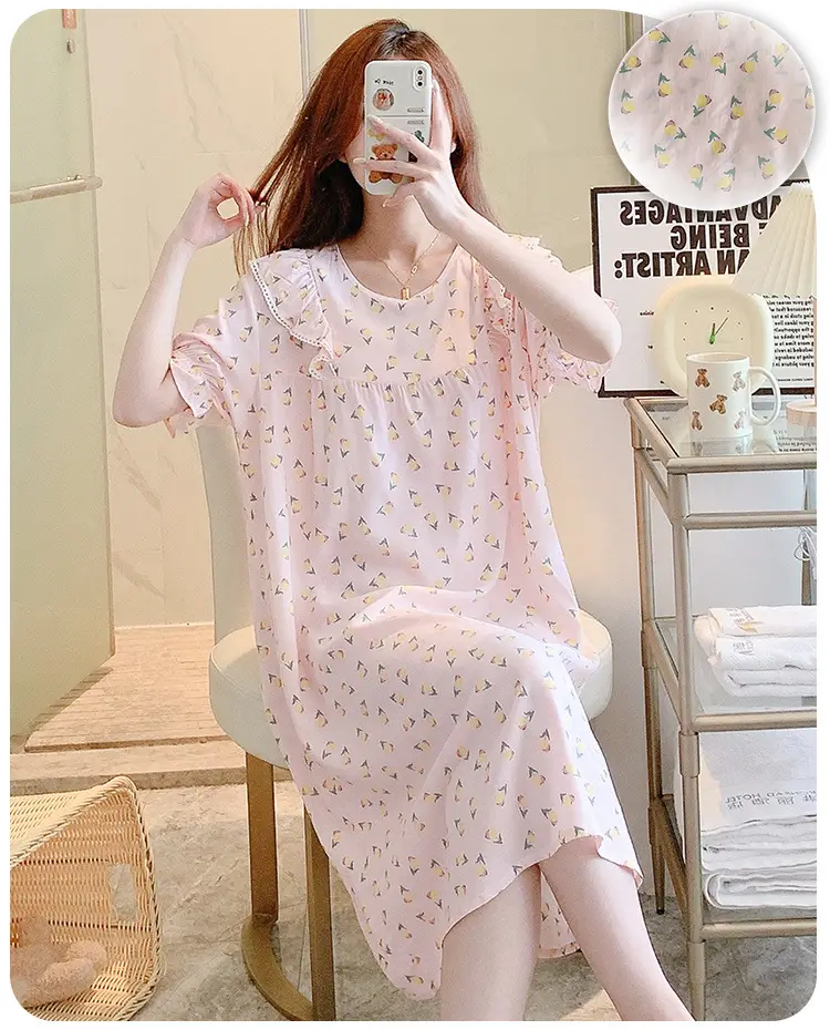 Women Cotton Silk Nightdress Light Blue Sweet Fresh Loose Pajamas — feature 6