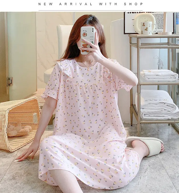 Women Cotton Silk Nightdress Light Blue Sweet Fresh Loose Pajamas — feature 7