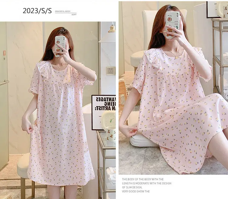 Women Cotton Silk Nightdress Light Blue Sweet Fresh Loose Pajamas — feature 8