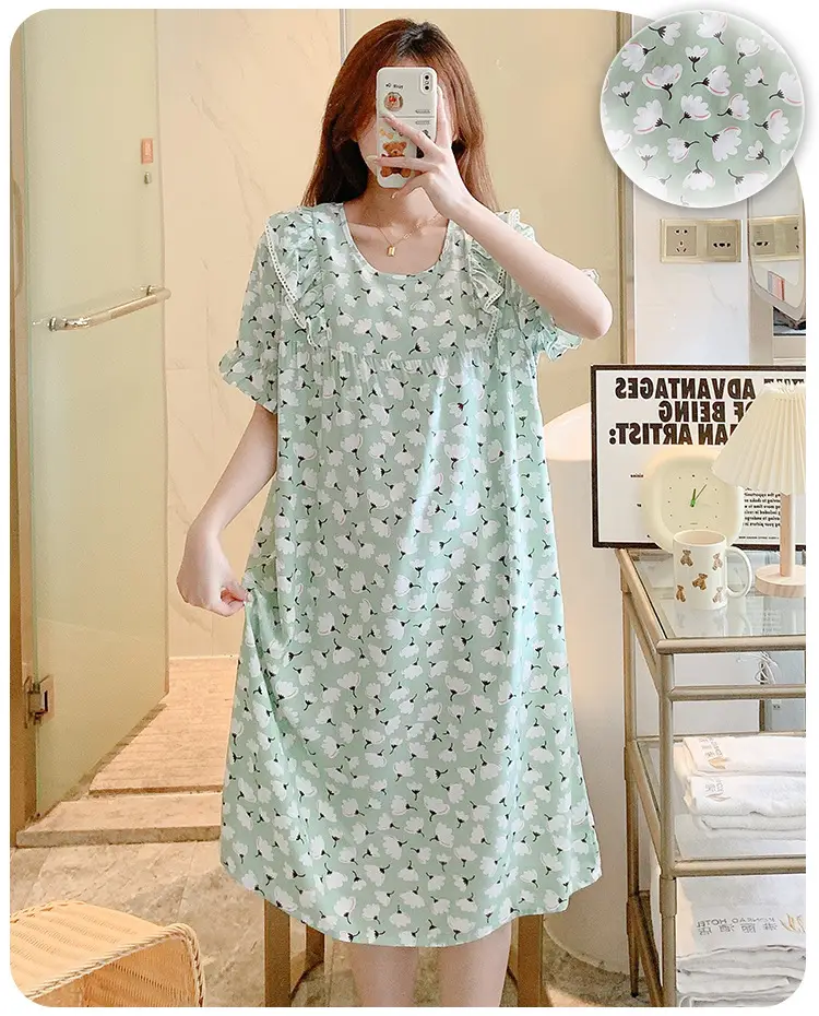 Women Cotton Silk Nightdress Light Blue Sweet Fresh Loose Pajamas — feature 9